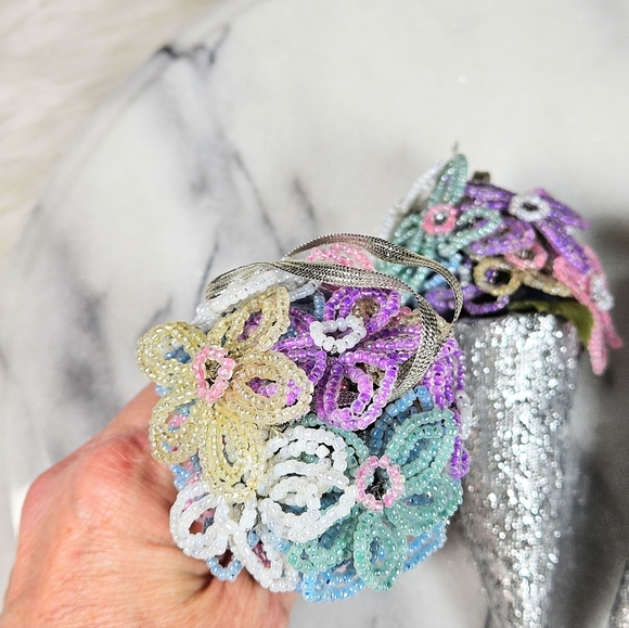 Vintage Hand Beaded Avon Ice Cream Cone Christmas Tree Ornament Set 3 - Picture 2 of 6